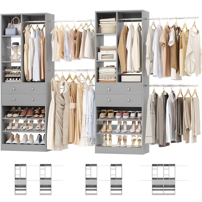 Set of 2 Closet System with 6 Hanging Rods and 4 Drawers, Adjustable Closet System with Shelves and Shoe Rack