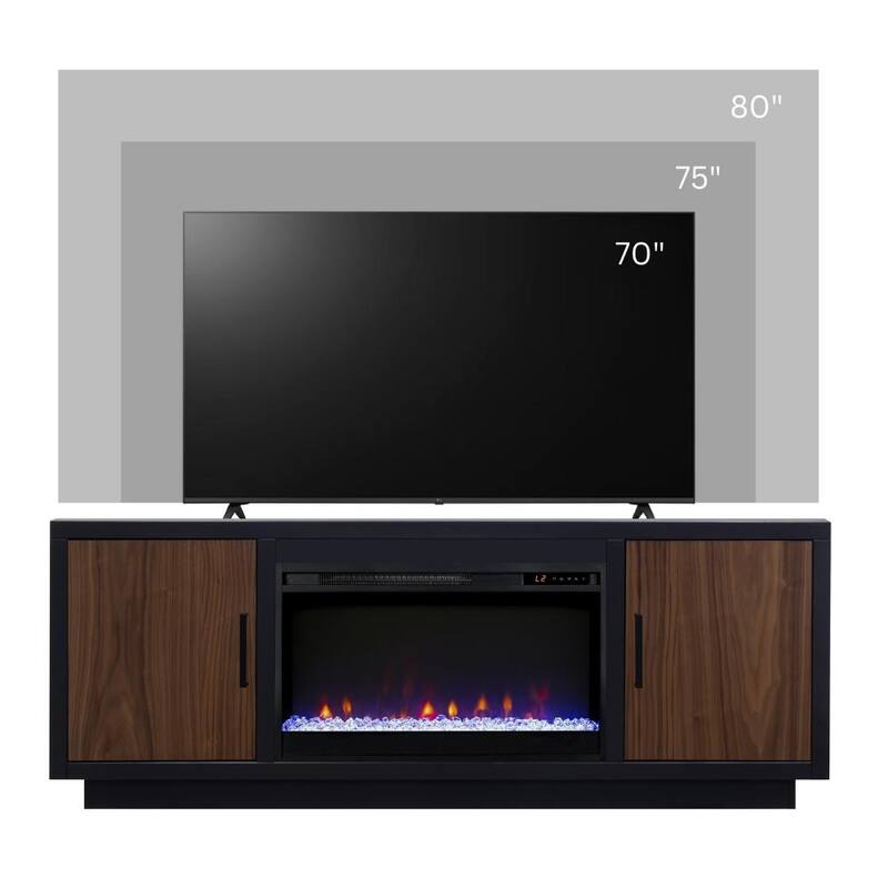 Bridgevine Home Aria 66 inch Fireplace TV Stand for TVs up to 80 inches, Minimal Assembly, Black and Walnut Finish