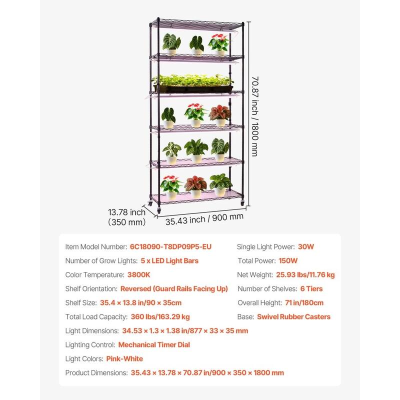 Black Metal 6-Tier Indoor Plant Stand with 5 LED Grow Lights and Timer, 71-Inch Adjustable Shelves on Wheels