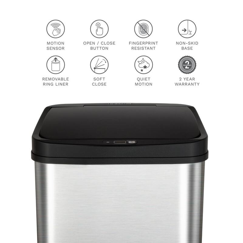 NINESTARS Rectangular Motion Sensor Motion Sensor Trash Can 13.2 Gallon/50 Liter Stainless Steel DZT-50-28