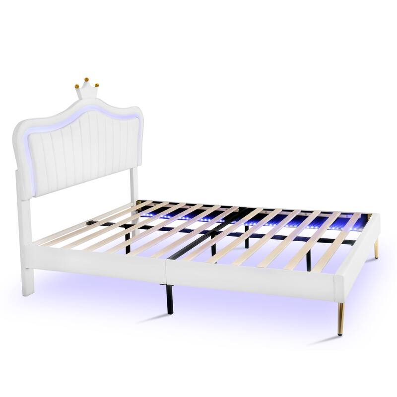 Modern Crown Headboard Upholstered Bed Frame with LED Lights