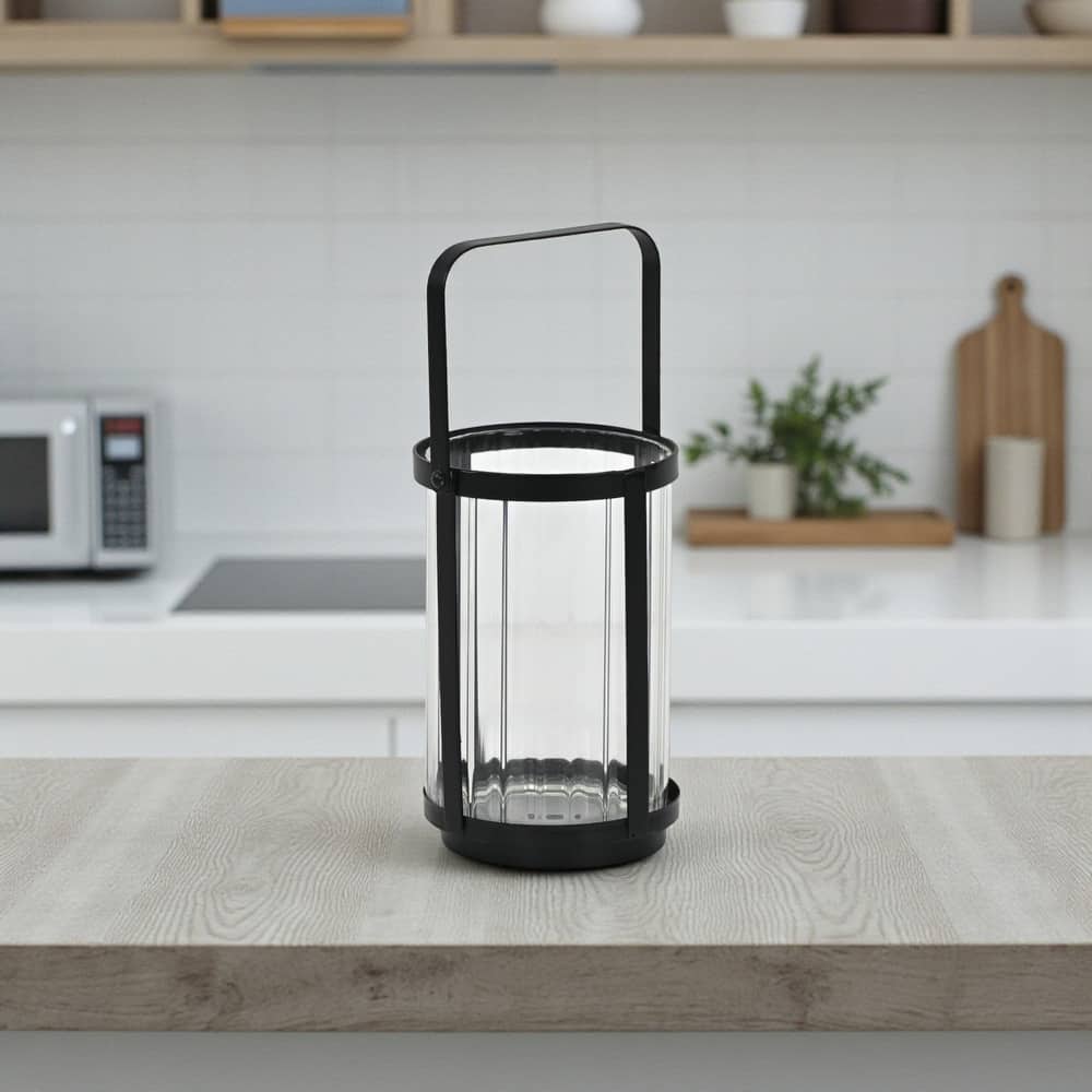 Vortial Fluted Glass Candle Lantern with Black Metal Frame