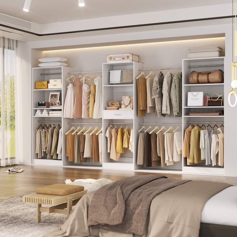 Set of 3 Closet Organizer Extendable Hanging Rods, Adjustable Closet System with Drawers and Shelves - White