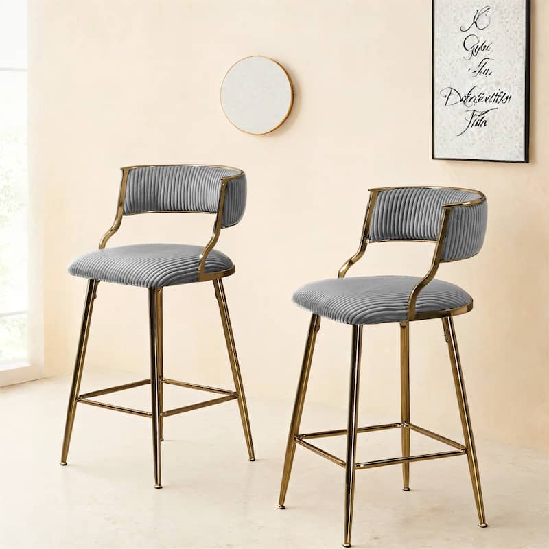 Counter Height Corduroy Bar Stool with Back,Golden Chromed Base and Footrest Set of 2 - Grey