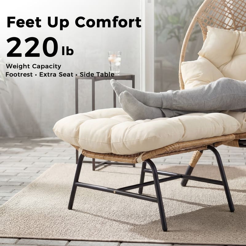Outdoor Wicker Egg Chair with Ottoman, 6.5" Cushions, 440 lb Capacity