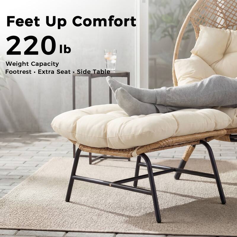 Set of 2 Outdoor Wicker Egg Chairs with Ottomans, 4-Piece Patio Lounge Chair Set, 6.5" Thick Cushions, 440 lbs Capacity