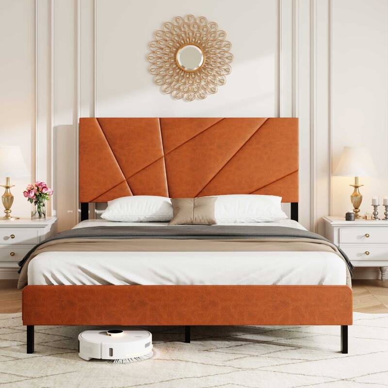 Full size metal bed frame, square platform bed with under-bed storage, no spring-loaded mattress required, vintage brown - Antique brown