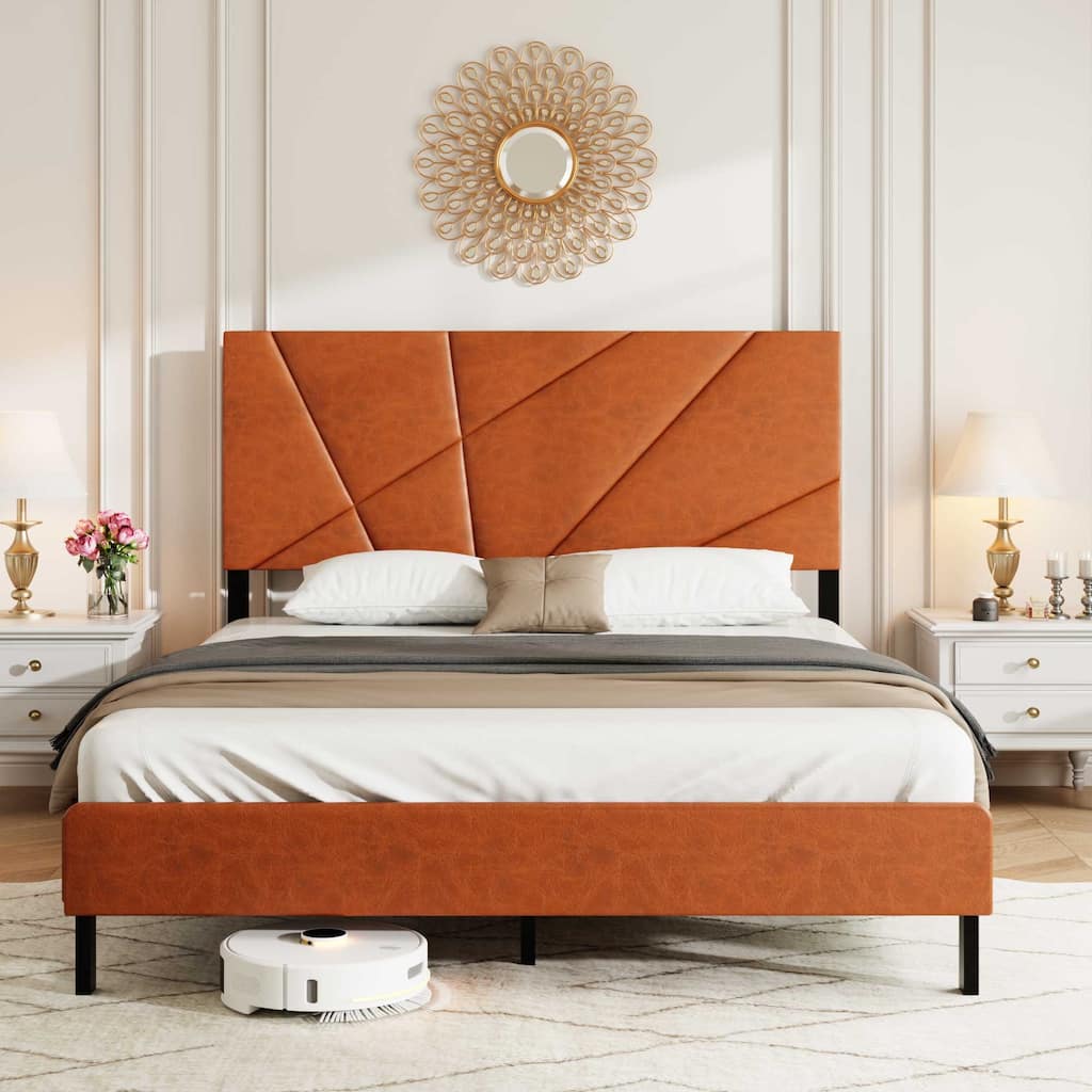 metal bed frame, square platform bed with under-bed storage, no spring-loaded mattress required, vintage brown