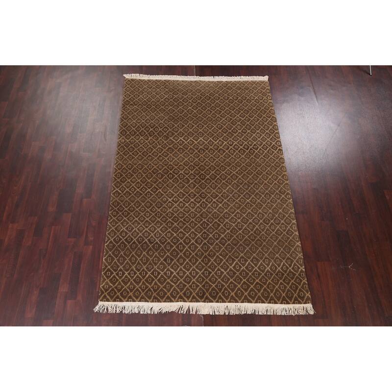 Vegetable Dye Trellis Nepalese Oriental Area Rug Handmade Wool Carpet - 6'1" x 9'0"