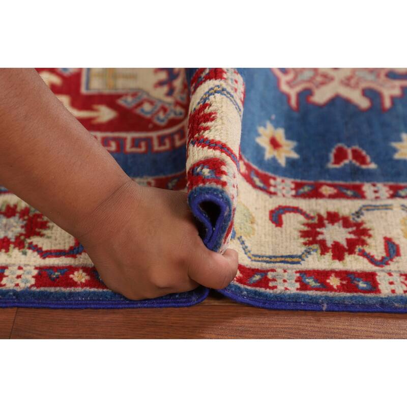Geometric Kazak Foyer Rug Hand-Knotted Traditional Blue Wool Carpet - 2'7" x 3'11"