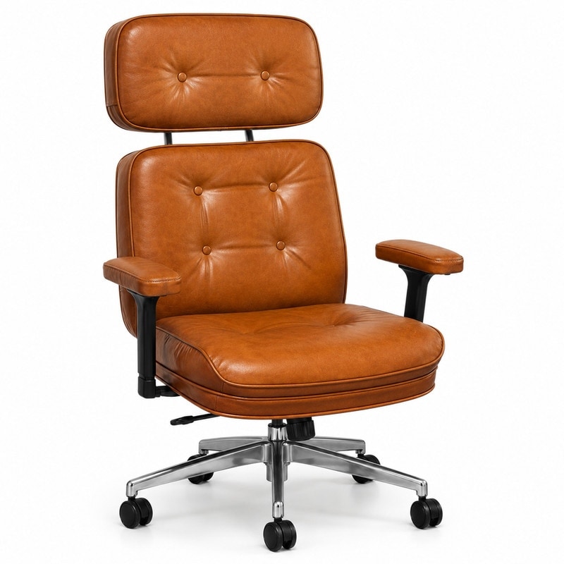 Vintage Brown High Back Executive Office Chair, Adjustable Armrest Aluminum Base Ergonomic Desk Chair with Silent Rolling Wheels