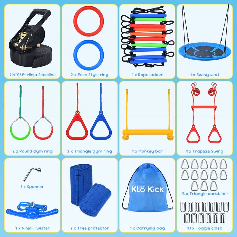 Hapfan 65ft Ninja Warrior Obstacle Course for Kids with Swing with 11 Obstacles for Backyard, Tree Slackline Jungle Gym Outdoor