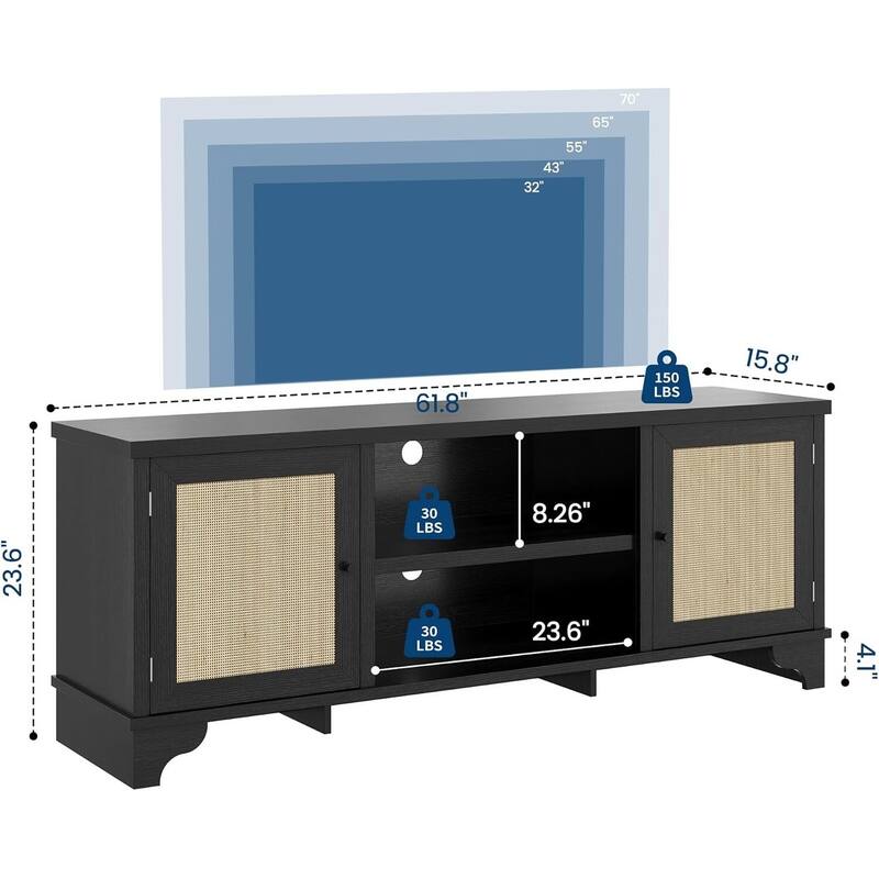 Boho TV Stand, with 2 Cabinets & Open Shelf