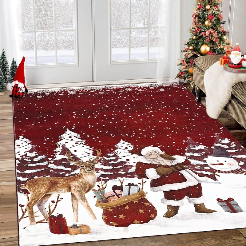 Soft Non-Slip Washable Christmas Santa Claus Aera Rugs, Xmas Holiday Decor, Red - 5*7ft