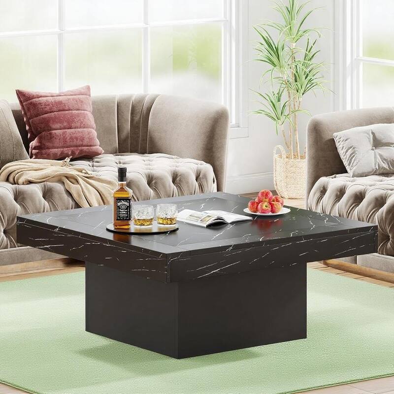 35.4” Square Rustic Wooden Coffee Table with LED Light for Living Room or Bedroom Furniture - 35.4”L x 35.4”W x 17.7”H