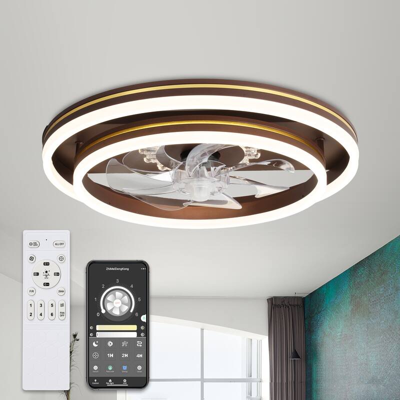 Bella Depot 20" Modern Flush Mount Ceiling Fan with APP Control, 6-Speed Low Profile Reversible Ceiling Fan with Dimmable Light - Coffee
