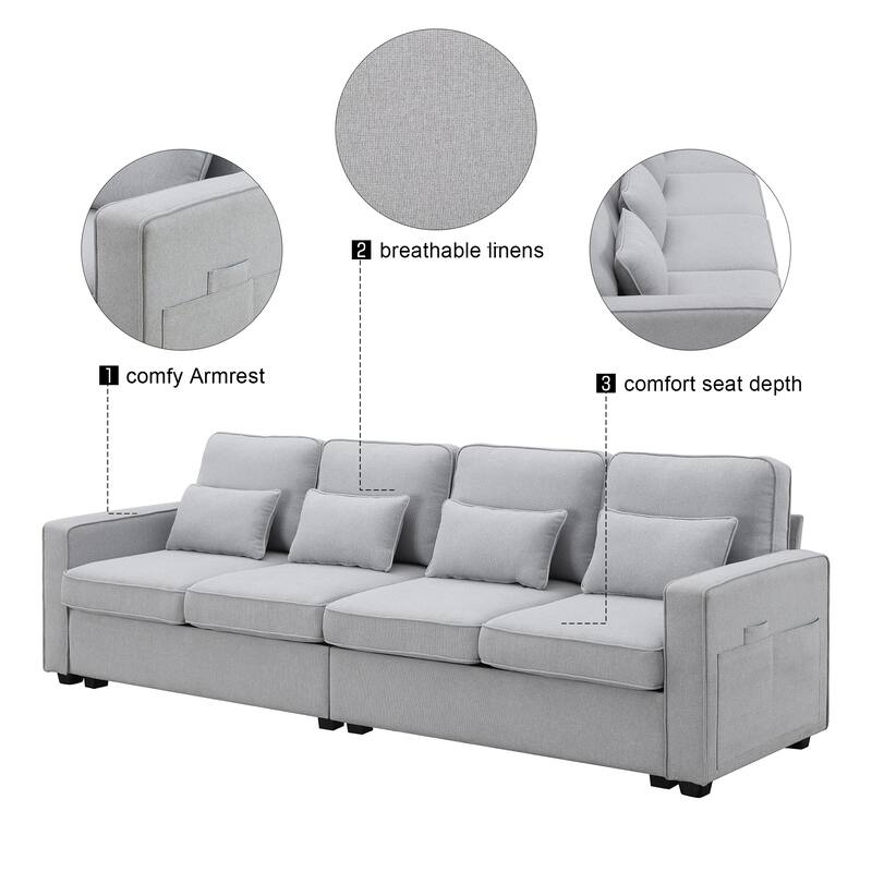 4-seater Modern Linen Fabric Sofa with Armrest Pockets and 4 Pillows, Minimalist Upholstered Living Room Sofa with Soft Armrests