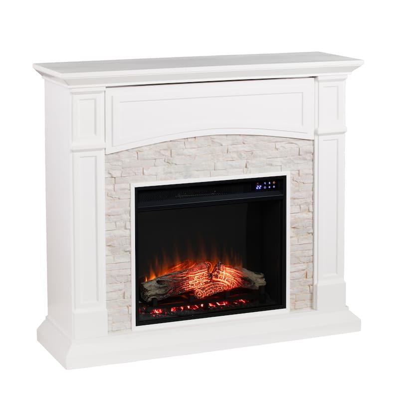 SEI Furniture Helliwell Electric Media Fireplace with White Faux Stone Mantel and Media Storage