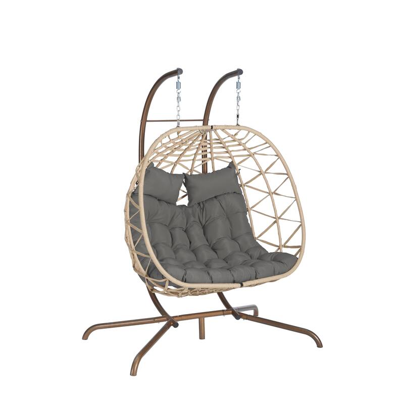 Double Rattan Egg Chair with Stand and UV-Resistant Cushions and Iron Frame - Outdoor Hanging Swing (600lb Capacity)