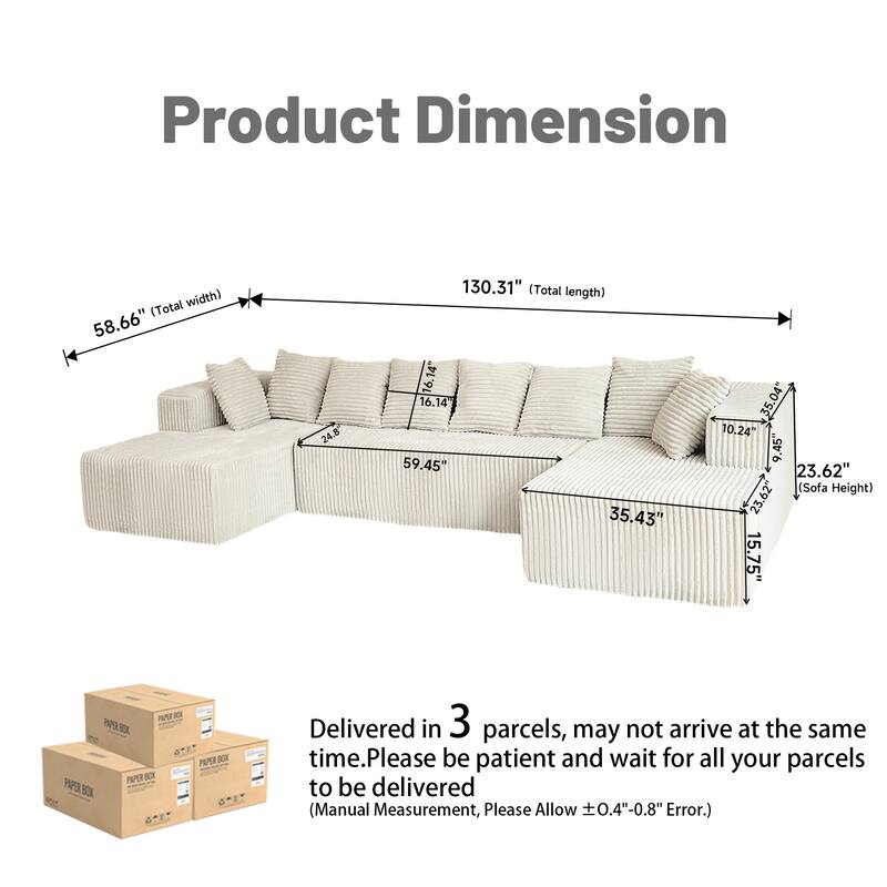 Freely Configurable Layout Modular Couch, U-shaped Sectional Sofa, Corduroy Full Compression Floor Standing Sofa with Pillows