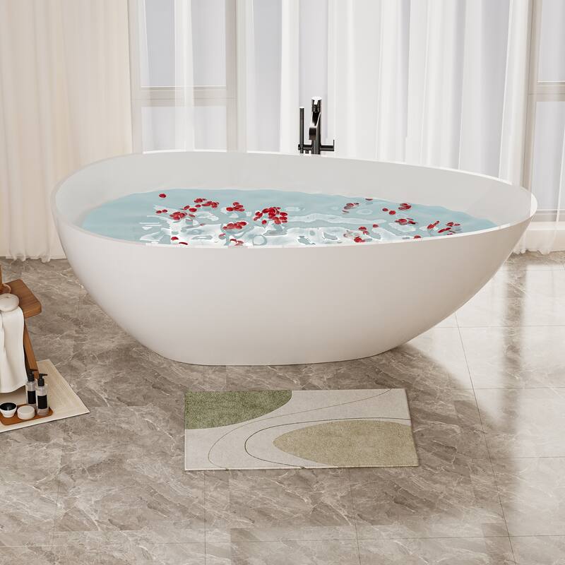 ABRUZZO 59" x 31" Freestanding Solid Surface Soaking Bathtub with Overflow and Drain in Glossy White