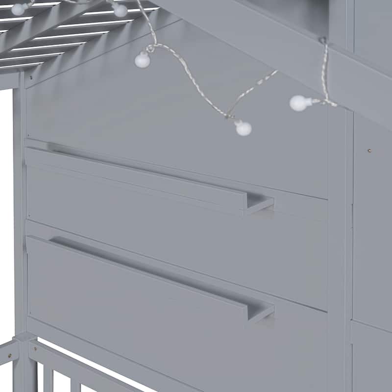 Twin Wood House Bed with Built-in Shelves