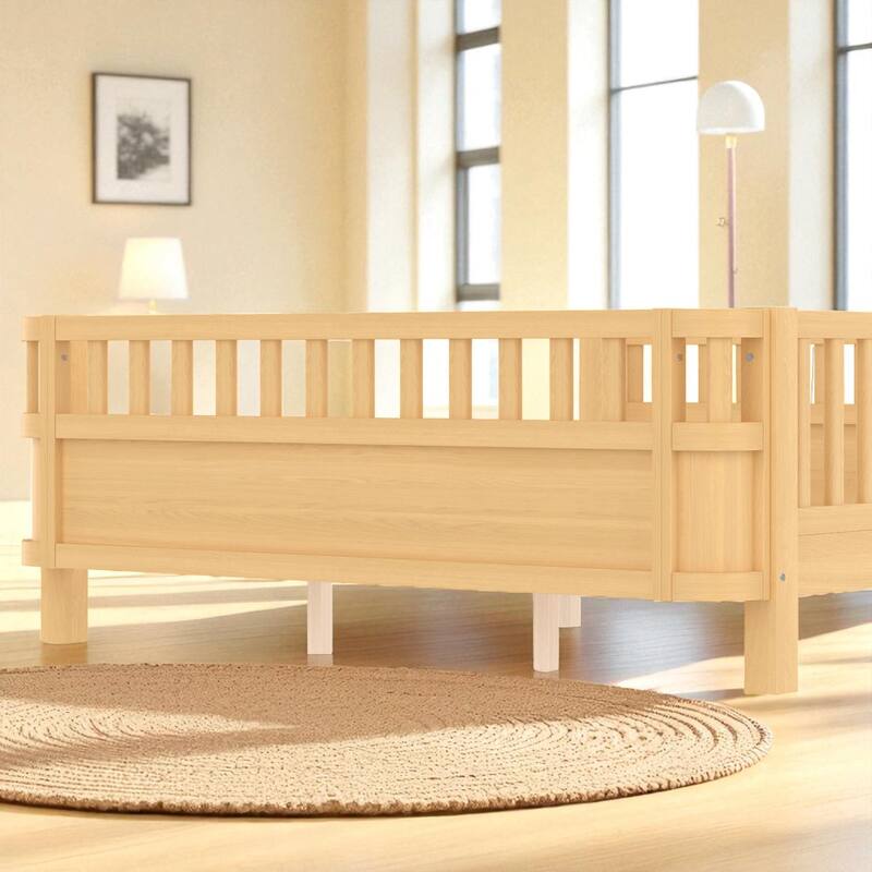 Wood Platform Bed with Guardrails & Detachable Fence, Twin/Full/Twin XL/Queen Size Kids Bed, Safety Design, No Box Spring
