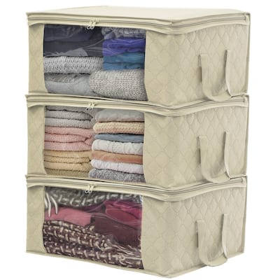 Sorbus Foldable Storage Bag Organizers, Large Clear Window & Carry Handles (3 Pack, Beige)