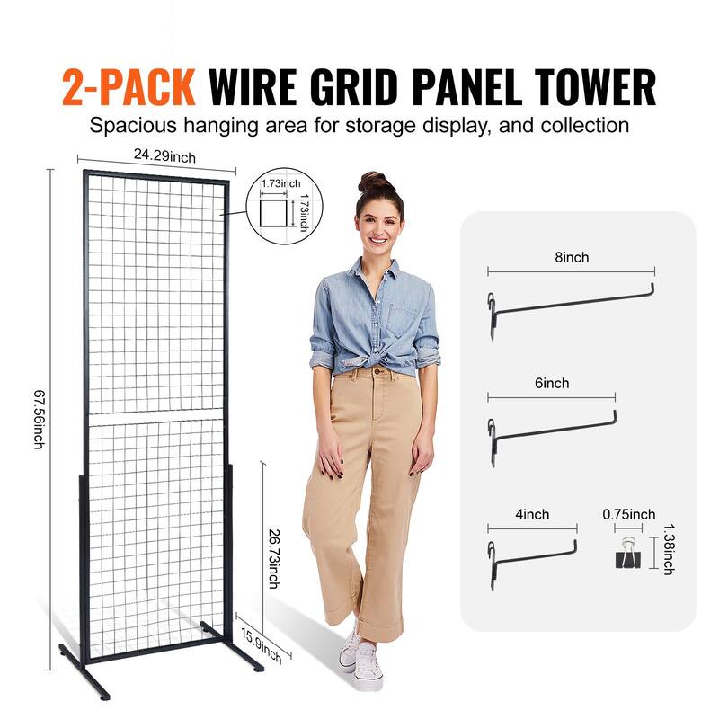 Black Steel Gridwall Display Panels with Hooks, Folding Stand - 22.7" L x 0.6" W x 33" H