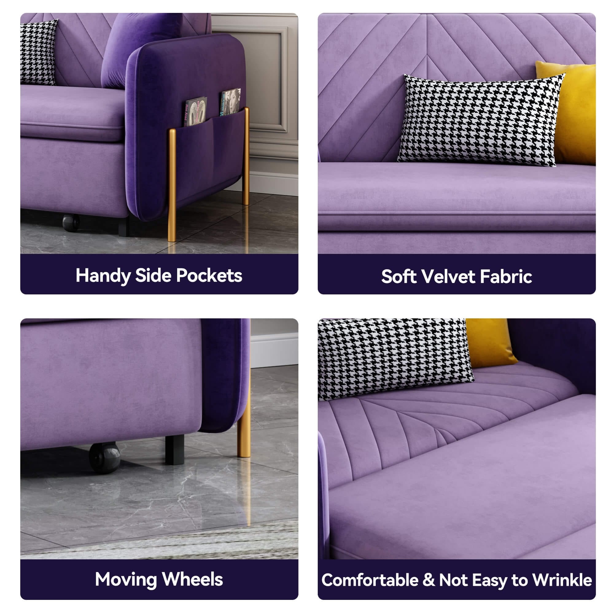 53.5” Full Sleeper Sofa Upholstered Convertible Sofa Bed 3-in-1 Sleeper Sofa Couch, Small Tufted Velvet (purple)