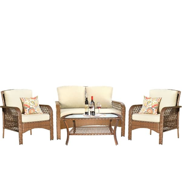 Shop Ovios 4 Piece Water Resistant Wicker Deep Seating Outdoor Sofa Set Overstock 29258382