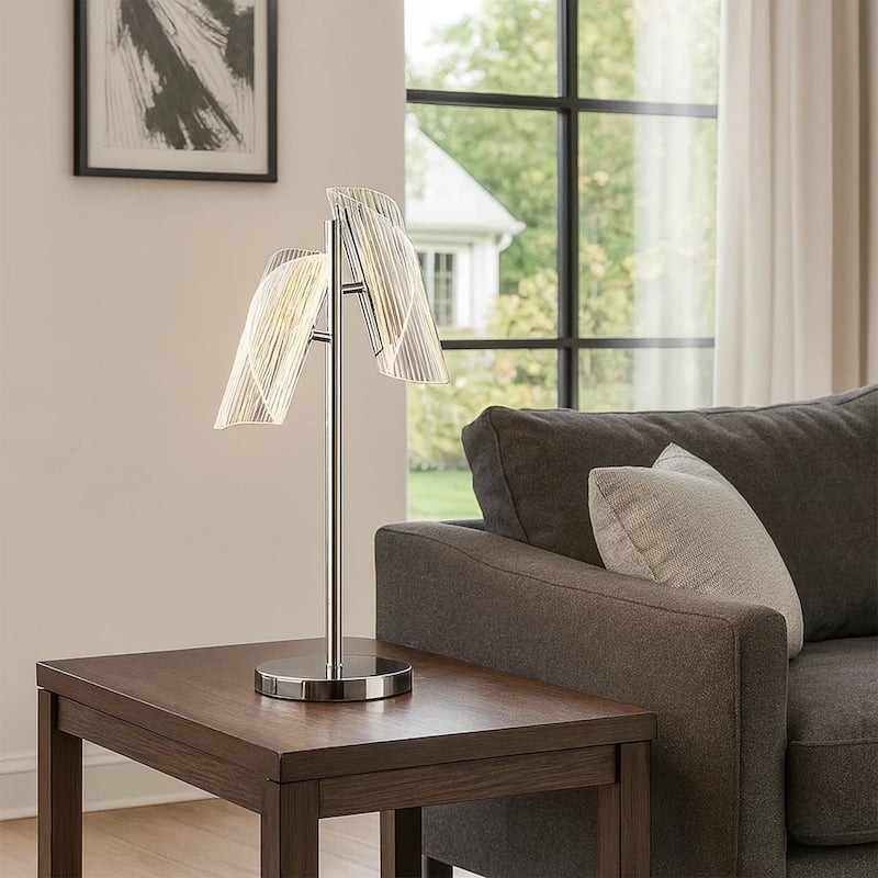 Spark 23 Inch Table Lamp, 2 Cylindrical Shades, Bright Nickel Silver Finish