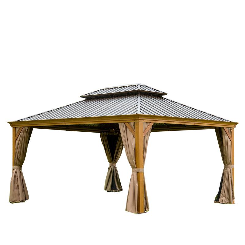 12'x16' Outdoor Aluminum Wood Grain Hardtop Gazebo with Double Canopy, Curtains & Netting - Brown