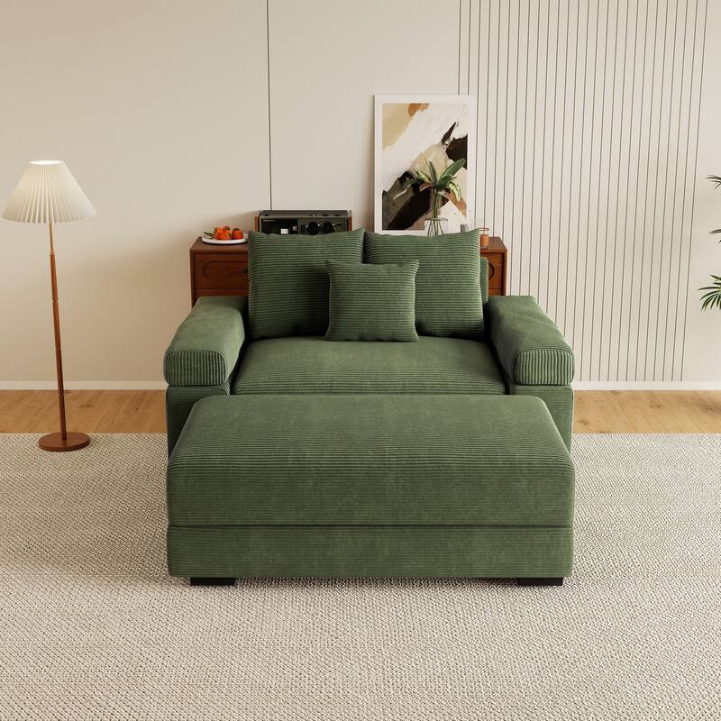 Rossetta Modern 54.3" Oversized Soft Cloud Corduroy Upholstery Extra-Thick Armrests Couch with Throw Pillows, 1 Movable Ottoman - Green