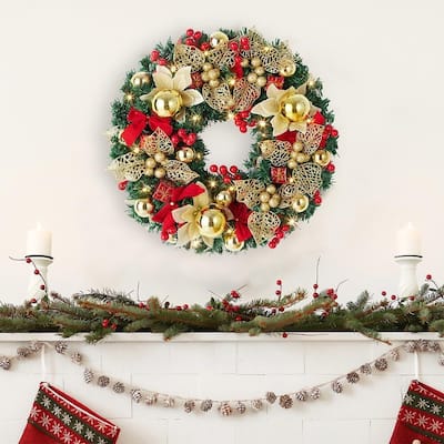 18 inch Pre-Lighted Red Bow Christmas Wreath for Front Door, Windows, Wall - N/A
