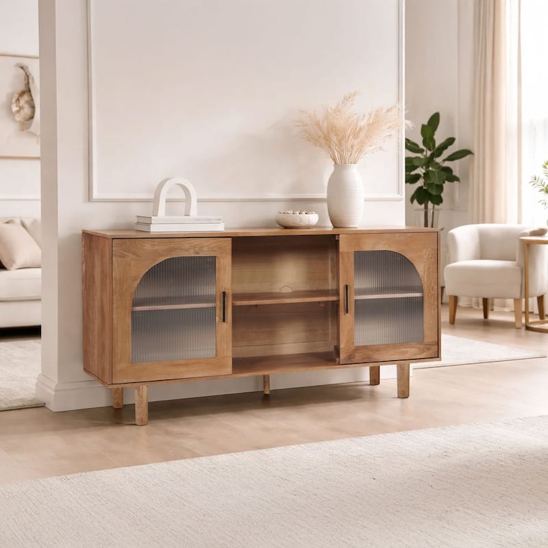 64 Inch James TV Stand Console, 2 Arch Glass Door Cabinets & Shelves, Walnut Brown Mango Wood