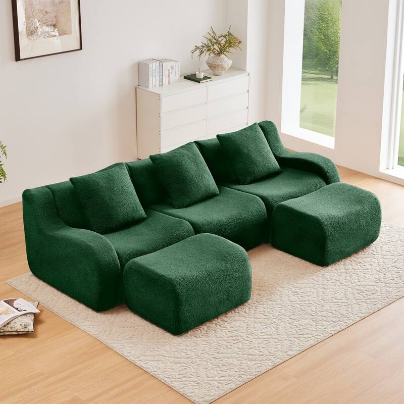115.3" U-shaped Soft Teddy Fabric Boneless Sectional Sofa for Relaxed - Green