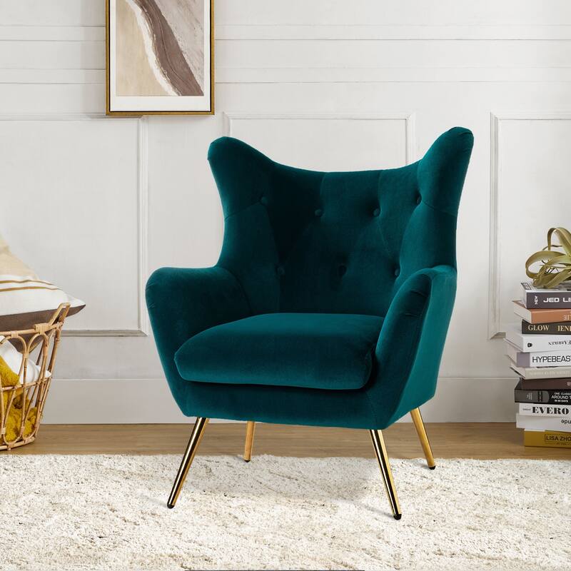 Eusebio Tufted Velvet Accent Chair with Wingback, Arms, and Metal Gold Legs for Living Room or Bedroom by HULALA HOME