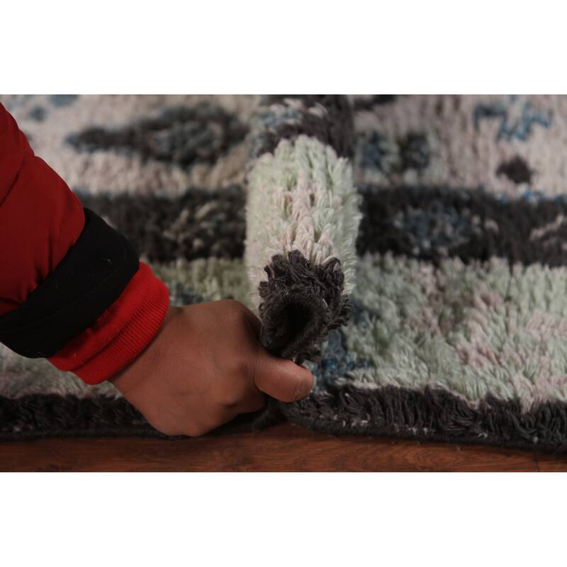 Geometric Plush Moroccan Shaggy Rug Hand-Knotted Wool Carpet - 4'11" x 8'3"
