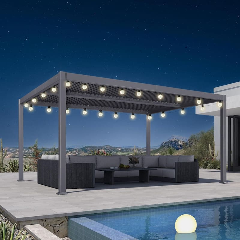 PURPLE LEAF Grey Louvered Sun Shade Pergola - Adjustable Metal Roof for Patio Hardtop Pergola - 11' x 15' - Grey(With Light)