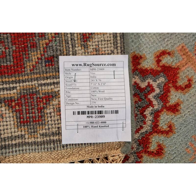 Geometric Viss Indian Runner Rug Hand-Knotted Beige Wool Carpet - 2'6"x 7'11"