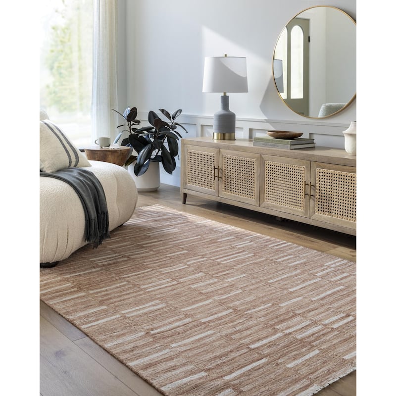 Madilyn Mid-Century Modern Stripe Fringed Area Rug - 2' x 3' - Brown/Off White