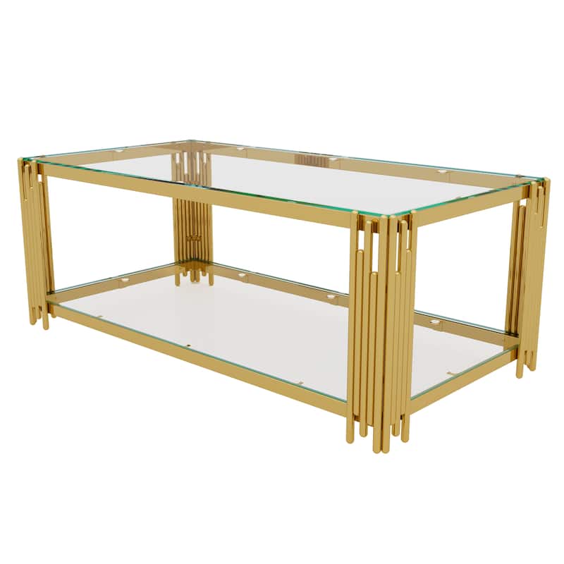Rectangular Gold & Glass Coffee Table with 2-Tier Shelf by Harper&Bright Designs