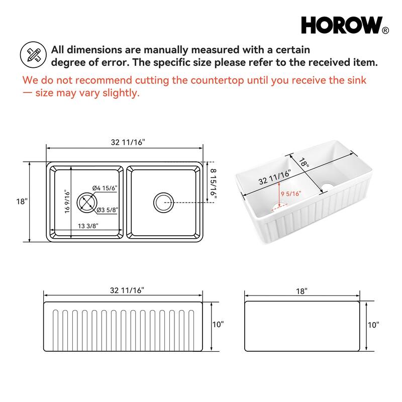 HOROW 33 in. Farmhouse/Apron-Front 50/50 Double Bowl White Fireclay Kitchen Sink with Bottom Grid and Strainer