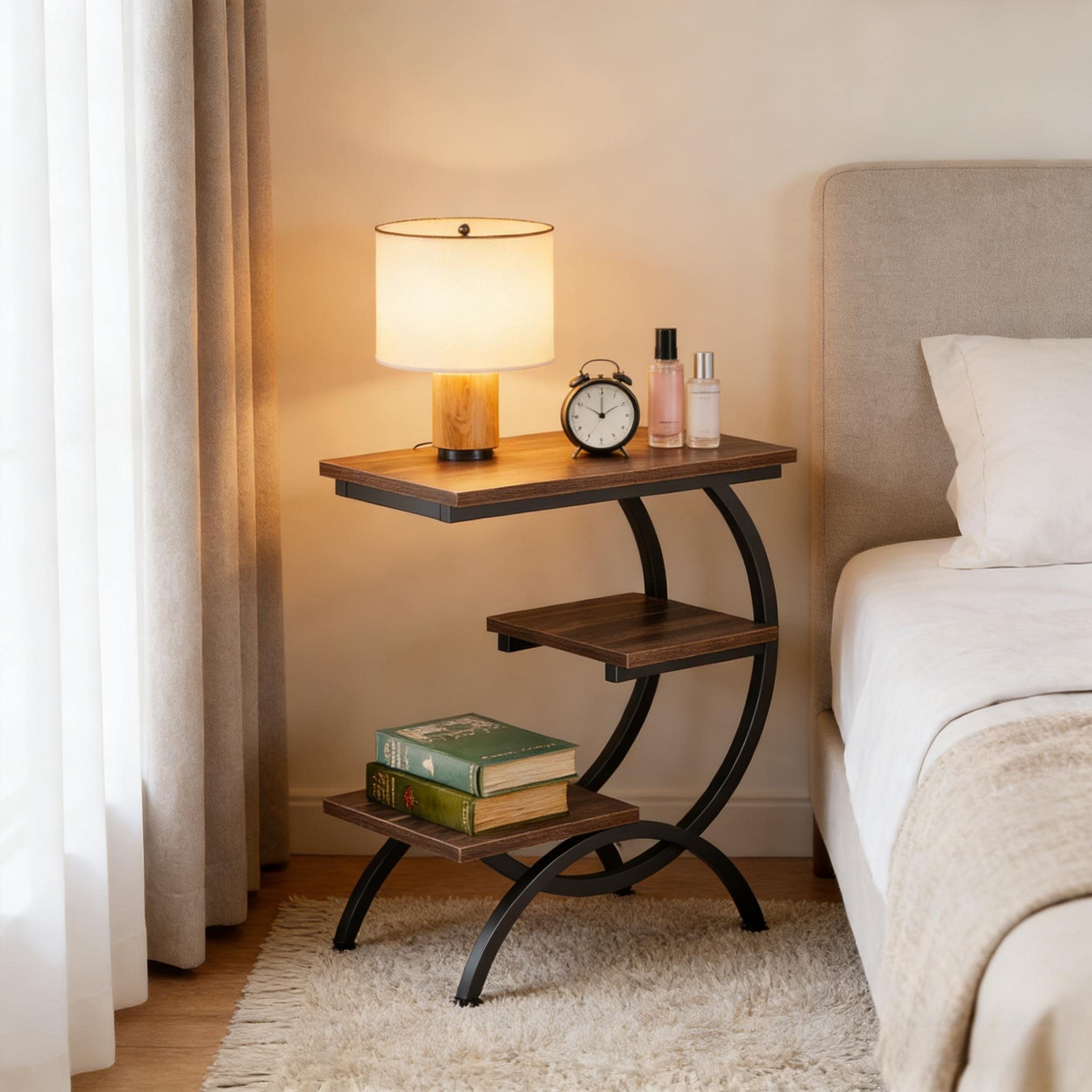 C-Shaped End Table with 3 Shelves, Rustic Brown Top & Black Metal Frame - 25.59" x 23.62" x 11.81"