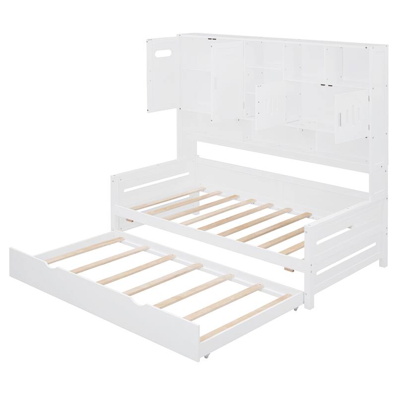 Full Size Wood Daybed with Built-in Storage Cabinet, Open Shelves & Twin Trundle Bed, Space-Saving Multi-Functional Frame