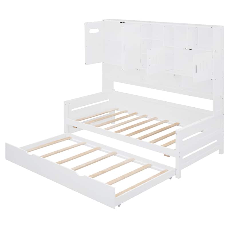 Twin Daybed with Trundle, Storage Cabinet, and Shelves, Sturdy Pine Wood Frame