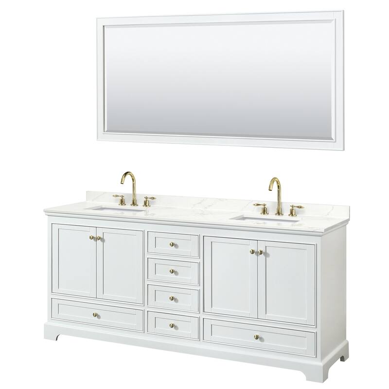 Deborah 80-inch Double Vanity, Quartz Top, 70-inch Mirror - White, Gold Trim, Giotto Quartz Top