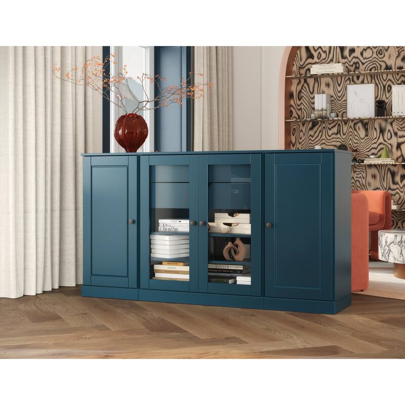 Palace Imports 100% Solid Wood 65" Sideboard with Solid, Clear Glass Doors, 2-Drawers and Adjustable Shelves - Teal Blue