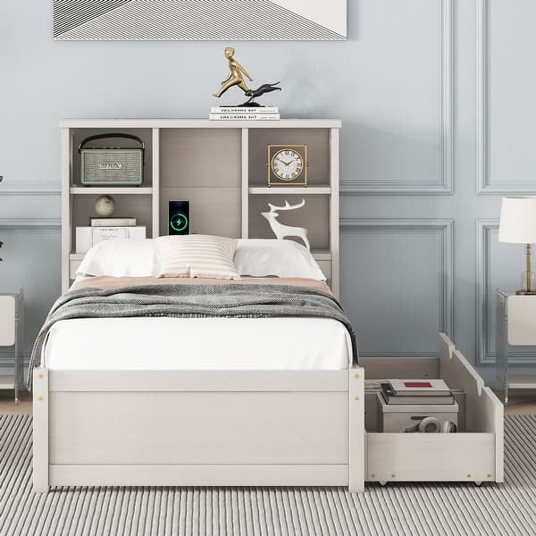 slide 2 of 10, Modern Twin Size Platform Bed Frame With Built-in USB Port on Bookcase Headboard, Wooden Bed with 2 Drawers, White Washed White Washed